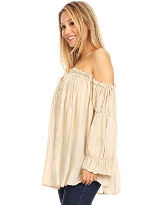 Anna Kaci Anna-Kaci Womens Semi Sheer Boho Peasant Long Sleeve Off The Shoulder Top