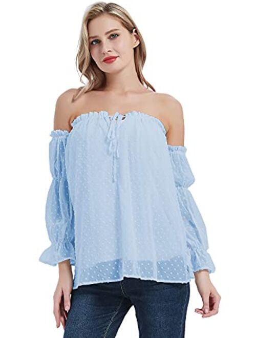 Anna Kaci Anna-Kaci Womens Semi Sheer Boho Peasant Long Sleeve Off The Shoulder Top