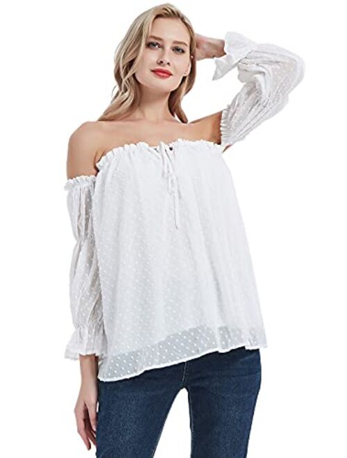 Anna Kaci Anna-Kaci Womens Semi Sheer Boho Peasant Long Sleeve Off The Shoulder Top