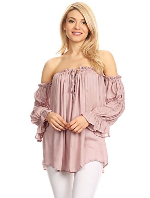 Anna Kaci Anna-Kaci Womens Semi Sheer Boho Peasant Long Sleeve Off The Shoulder Top