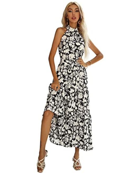 Anna Kaci Anna-Kaci Women's Halter Neck Boho Maxi Floral Print Sleeveless Backless Dress with Belt