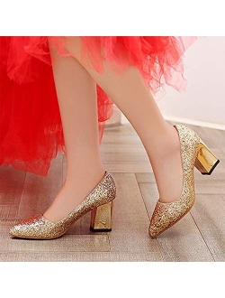 Dress First Women's Sparkling Glitter Chunky Heel Closed Toe Pumps Comfortable Mid Block Heel Slip-on Classic Party Dress Shoes