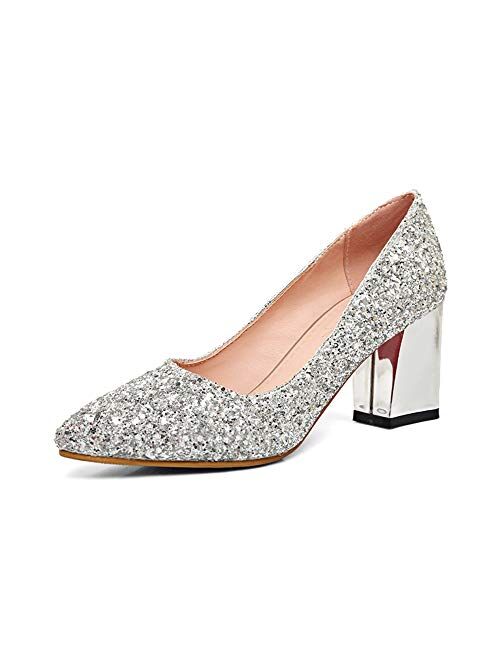 Dress First Women's Sparkling Glitter Chunky Heel Closed Toe Pumps Comfortable Mid Block Heel Slip-on Classic Party Dress Shoes