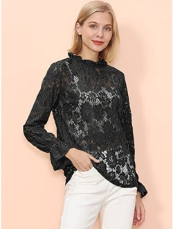 Anna-Kaci Women's Long Bell Sleeve Sheer Floral Lace Blouse Tops