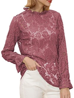 Anna-Kaci Women's Long Bell Sleeve Sheer Floral Lace Blouse Tops