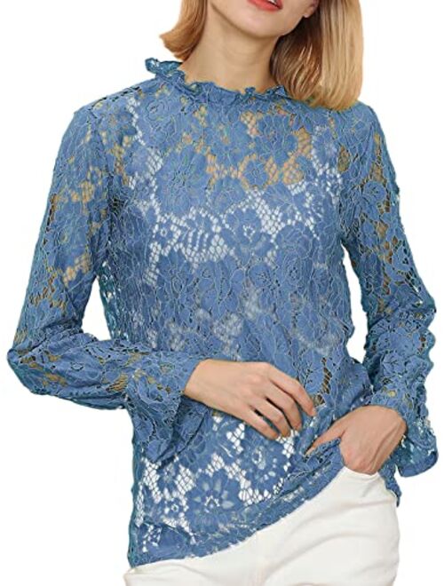 Anna Kaci Anna-Kaci Women's Long Bell Sleeve Sheer Floral Lace Blouse Tops