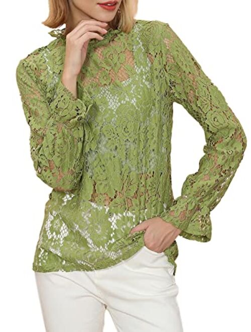 Anna Kaci Anna-Kaci Women's Long Bell Sleeve Sheer Floral Lace Blouse Tops