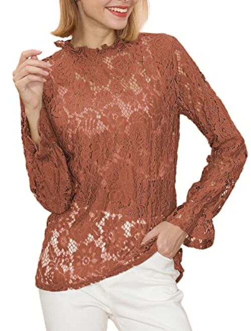 Anna Kaci Anna-Kaci Women's Long Bell Sleeve Sheer Floral Lace Blouse Tops