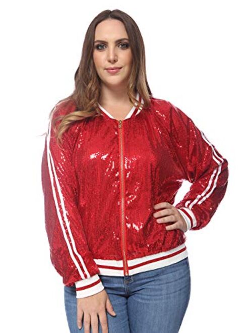 Anna Kaci Anna-Kaci Women's Plus Size Sparkly Jacket Long Sleeve Zip Up Sequin Bomber Jacket Coat