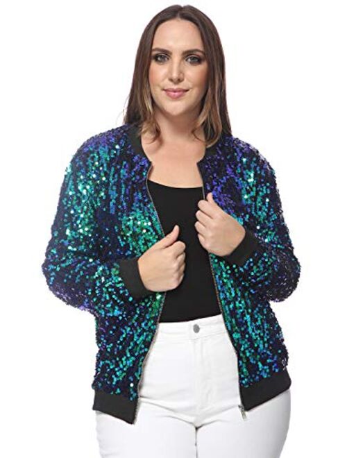 Anna Kaci Anna-Kaci Women's Plus Size Sparkly Jacket Long Sleeve Zip Up Sequin Bomber Jacket Coat