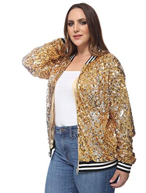 Anna Kaci Anna-Kaci Women's Plus Size Sparkly Jacket Long Sleeve Zip Up Sequin Bomber Jacket Coat