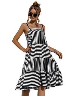 Anna-Kaci Women's Striped Ruffle Dress Casual Loose Spaghetti Strap Sleeveless Swing Summer Dresses