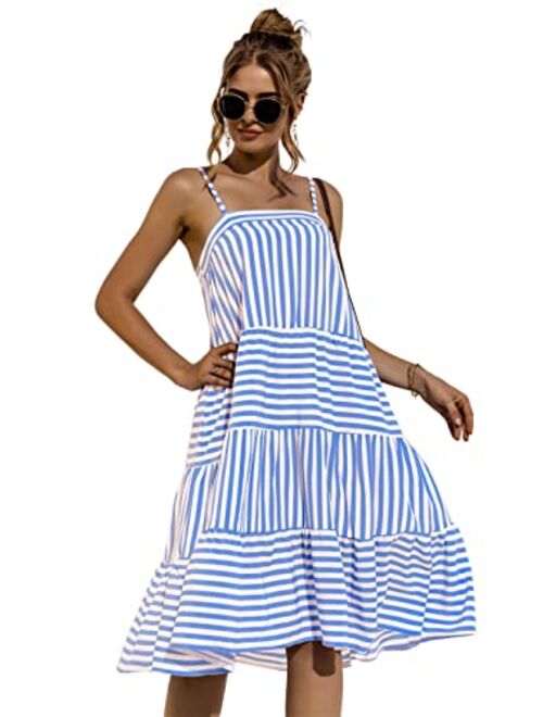 Anna Kaci Anna-Kaci Women's Striped Ruffle Dress Casual Loose Spaghetti Strap Sleeveless Swing Summer Dresses