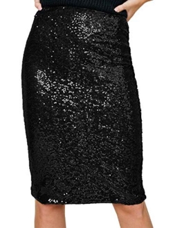 Anna-Kaci Women's High Waist Sparkly Sequins Midi Skirt Pencil Cocktail Party Skirt