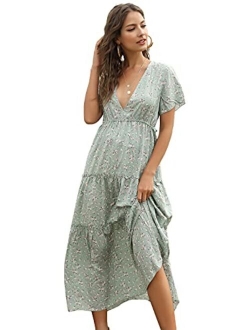 Anna-Kaci Womens Summer Chiffon Floral Print V-Neck Short Sleeves Maxi Dress