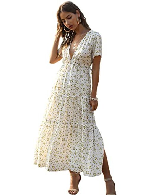 Anna Kaci Anna-Kaci Womens Summer Chiffon Floral Print V-Neck Short Sleeves Maxi Dress