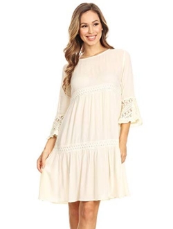 Anna-Kaci Women's Casual Semi Sheer Bohemian Crochet Lace Flounce Bell Sleeve Flowy Mini Dress