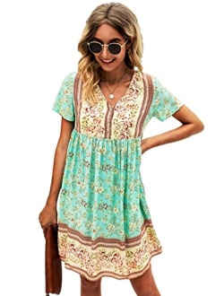 Anna-Kaci Women's Casual Semi Sheer Bohemian Crochet Lace Flounce Bell Sleeve Flowy Mini Dress