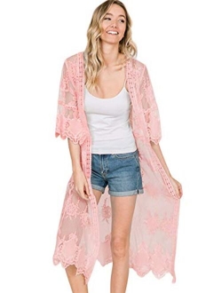 Anna-Kaci Womens Lace Flower Embroidered Loose Half Sleeves Long Kimono Cardigan