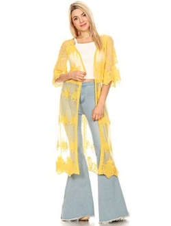 Anna-Kaci Womens Lace Flower Embroidered Loose Half Sleeves Long Kimono Cardigan