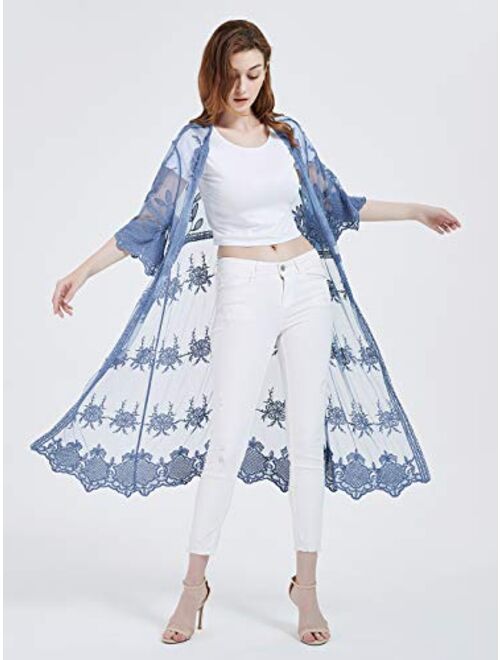 Anna Kaci Anna-Kaci Womens Lace Flower Embroidered Loose Half Sleeves Long Kimono Cardigan