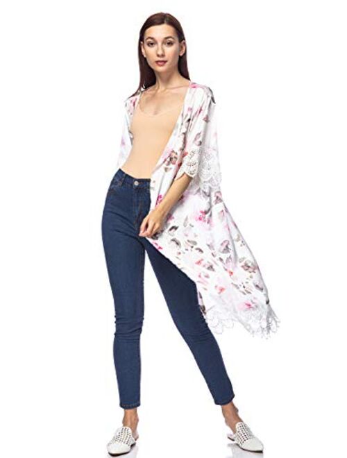 Anna Kaci Anna-Kaci Womens Lace Flower Embroidered Loose Half Sleeves Long Kimono Cardigan