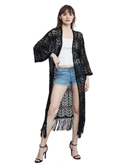 Anna-Kaci Boho Long Fringe Crochet Knit Kimono Swimwear Beach Cover Up Cardigan