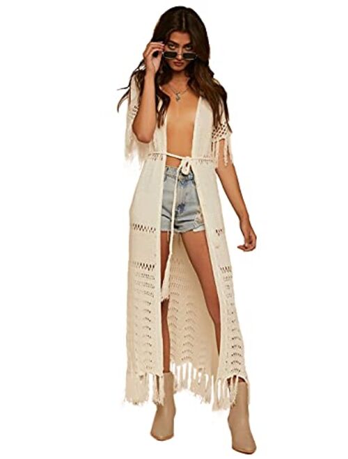 Anna Kaci Anna-Kaci Boho Long Fringe Crochet Knit Kimono Swimwear Beach Cover Up Cardigan