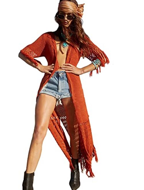 Anna Kaci Anna-Kaci Boho Long Fringe Crochet Knit Kimono Swimwear Beach Cover Up Cardigan