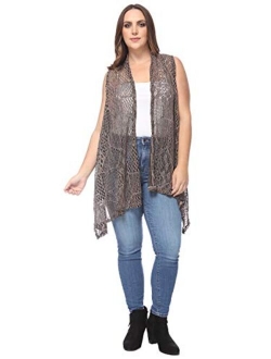 Anna-Kaci Women's Plus Size Boho Open Front Crochet Cover Up Sleeveless Shawl Cardigan Vest