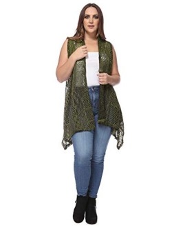 Anna-Kaci Women's Plus Size Boho Open Front Crochet Cover Up Sleeveless Shawl Cardigan Vest