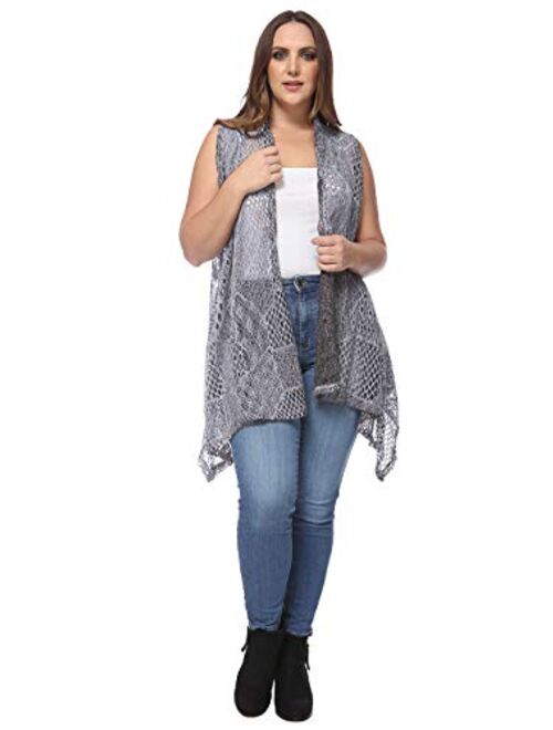 Anna Kaci Anna-Kaci Women's Plus Size Boho Open Front Crochet Cover Up Sleeveless Shawl Cardigan Vest