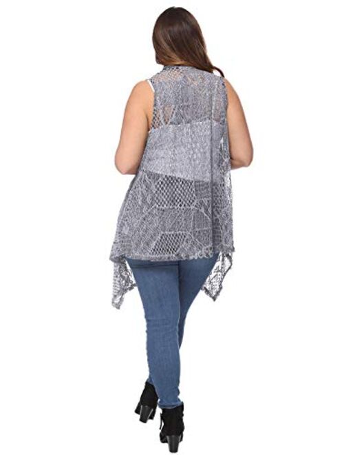 Anna Kaci Anna-Kaci Women's Plus Size Boho Open Front Crochet Cover Up Sleeveless Shawl Cardigan Vest