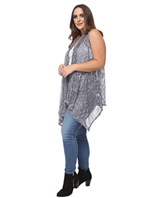 Anna Kaci Anna-Kaci Women's Plus Size Boho Open Front Crochet Cover Up Sleeveless Shawl Cardigan Vest