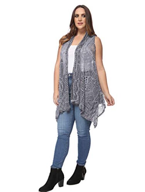 Anna Kaci Anna-Kaci Women's Plus Size Boho Open Front Crochet Cover Up Sleeveless Shawl Cardigan Vest