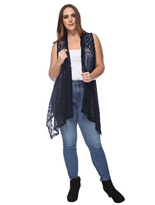 Anna Kaci Anna-Kaci Women's Plus Size Boho Open Front Crochet Cover Up Sleeveless Shawl Cardigan Vest