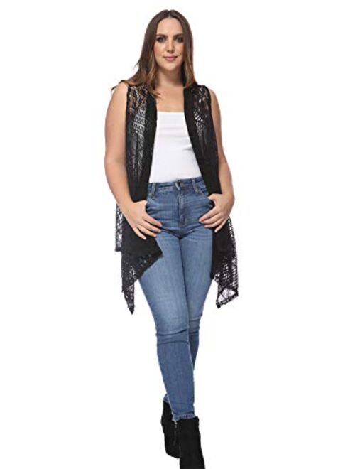 Anna Kaci Anna-Kaci Women's Plus Size Boho Open Front Crochet Cover Up Sleeveless Shawl Cardigan Vest