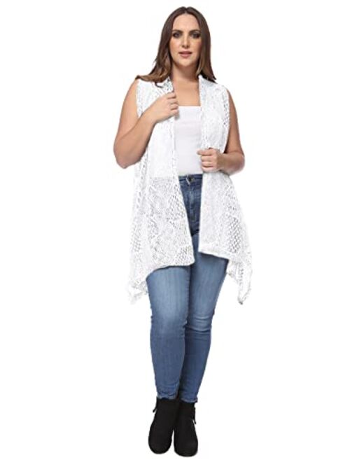 Anna Kaci Anna-Kaci Women's Plus Size Boho Open Front Crochet Cover Up Sleeveless Shawl Cardigan Vest