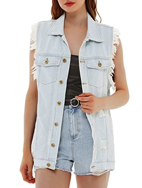 Anna Kaci Anna-Kaci Womens Oversized Distressed Denim Vest Sleeveless Jean Jacket with Pockets