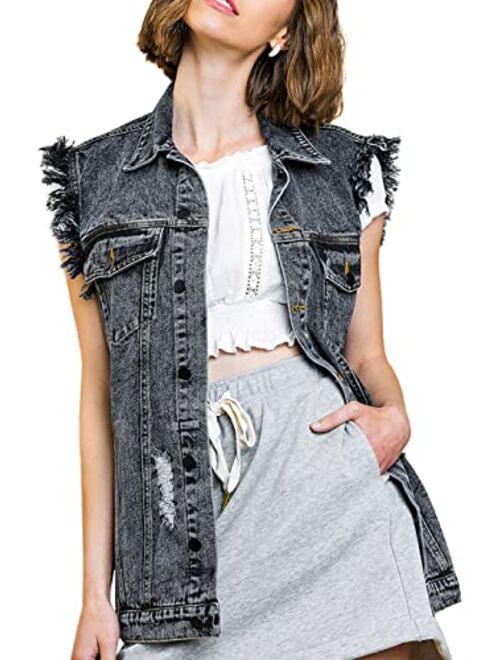 Anna Kaci Anna-Kaci Womens Oversized Distressed Denim Vest Sleeveless Jean Jacket with Pockets