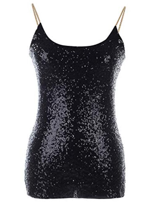 Anna Kaci Anna-Kaci Womens Spaghetti Strap Sequin Metal Chain Shiny Party Club Camisole Tank Top