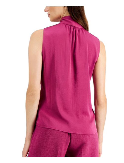 Kasper Solid Sleeveless Bow-Neck Blouse