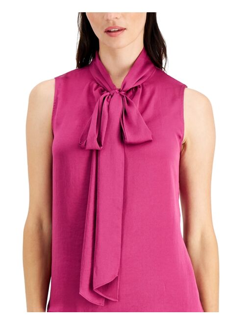 Kasper Solid Sleeveless Bow-Neck Blouse