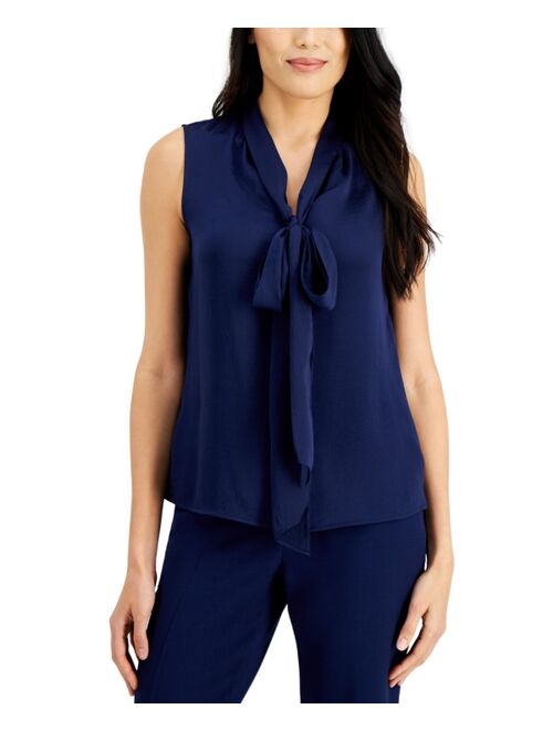 Kasper Solid Sleeveless Bow-Neck Blouse