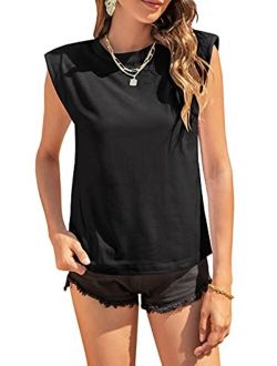 Anna-Kaci Women's Summer Sleeveless Shoulder Pad T-Shirt Crew Neck Solid Color Casual Tank Tops