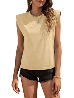 Anna-Kaci Women's Summer Sleeveless Shoulder Pad T-Shirt Crew Neck Solid Color Casual Tank Tops