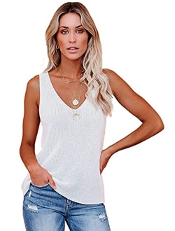 Anna-Kaci Women's Rib Knitted Lightweight Solid Sleeveless V-Neck Tank Top