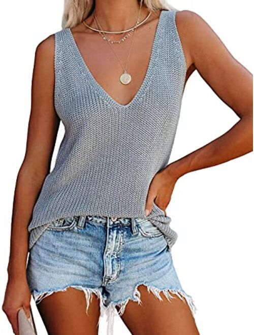 Anna Kaci Anna-Kaci Women's Rib Knitted Lightweight Solid Sleeveless V-Neck Tank Top