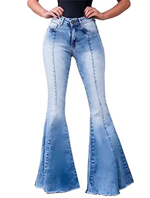 Anna Kaci Anna-Kaci Women's Elastic Waist Destroyed Flare Long Bell Bottom Denim Jeans