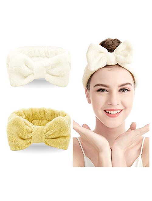 Lades Spa Headband – 2 Pack Bow Hair Band Women Facial Makeup Head Band Soft Coral Fleece Head Wraps For Shower Washing Face